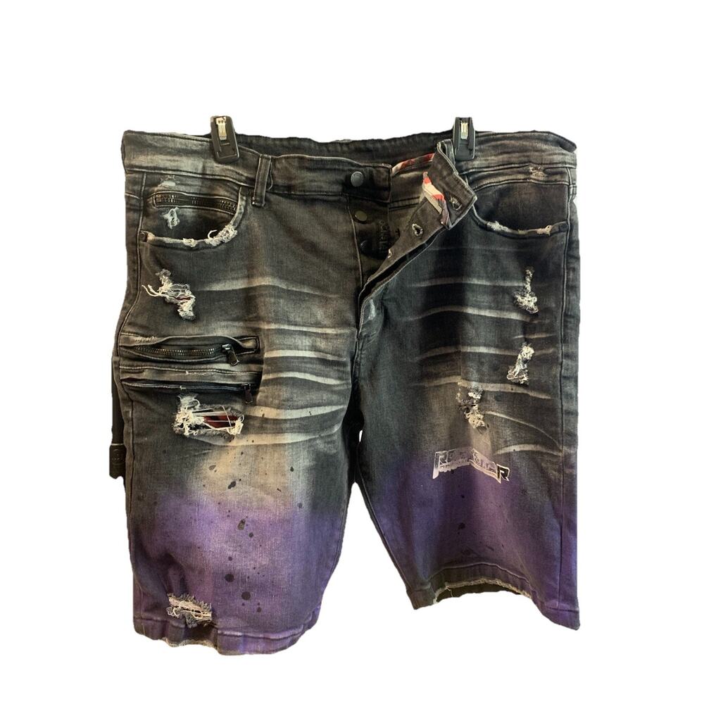 Rockstar Original Bermuda Shorts Men's Size 42 Black & Purple Distressed